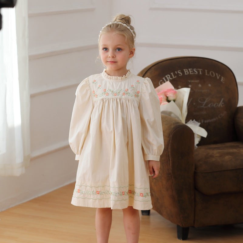 Arrival Autumn Girls Ruffle Neck Long Sleeves Flowers Embroidery Dress - Shop The Shop