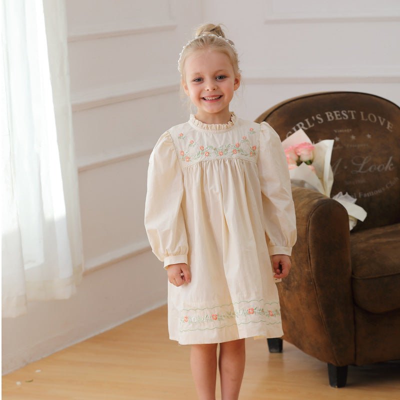 Arrival Autumn Girls Ruffle Neck Long Sleeves Flowers Embroidery Dress - Shop The Shop