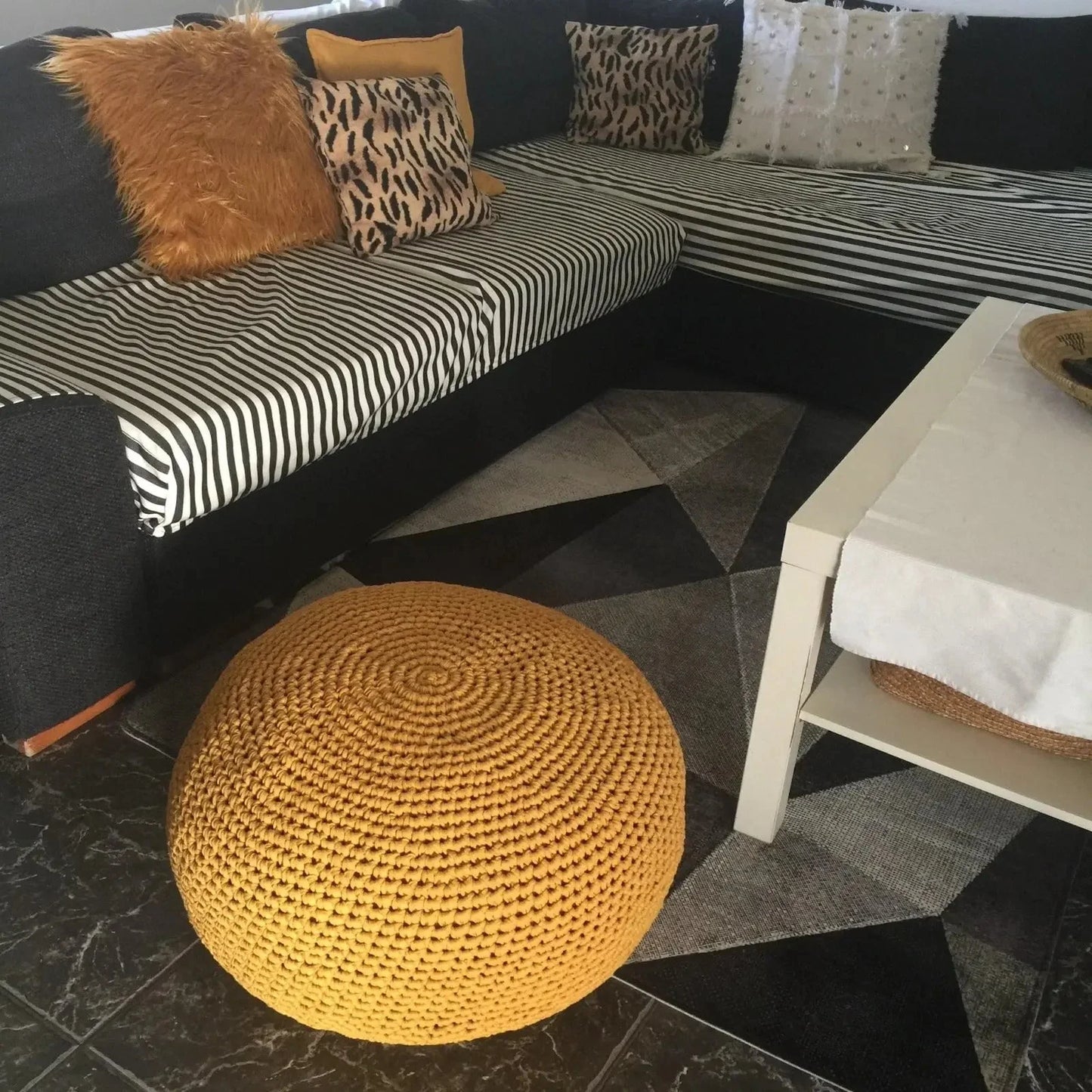 Round Ottoman Slipcovers, Neutral Beige Crochet Cover