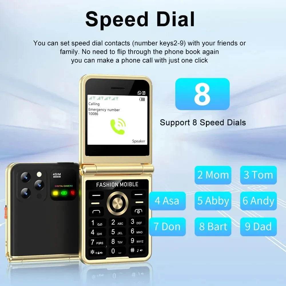 Mobile Phone New Flip 4 SIM Card Speed Dial Magic Voice