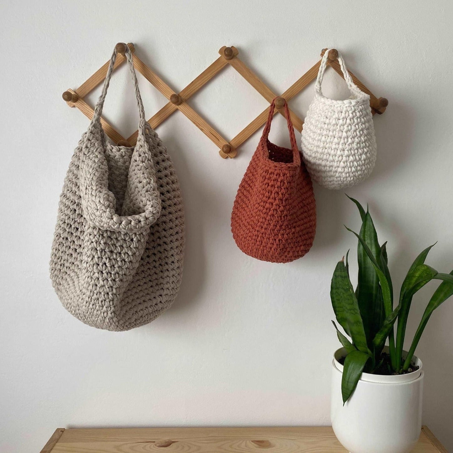 Crochet Hanging Baskets, Mint Kids Room Wall Storage Bags