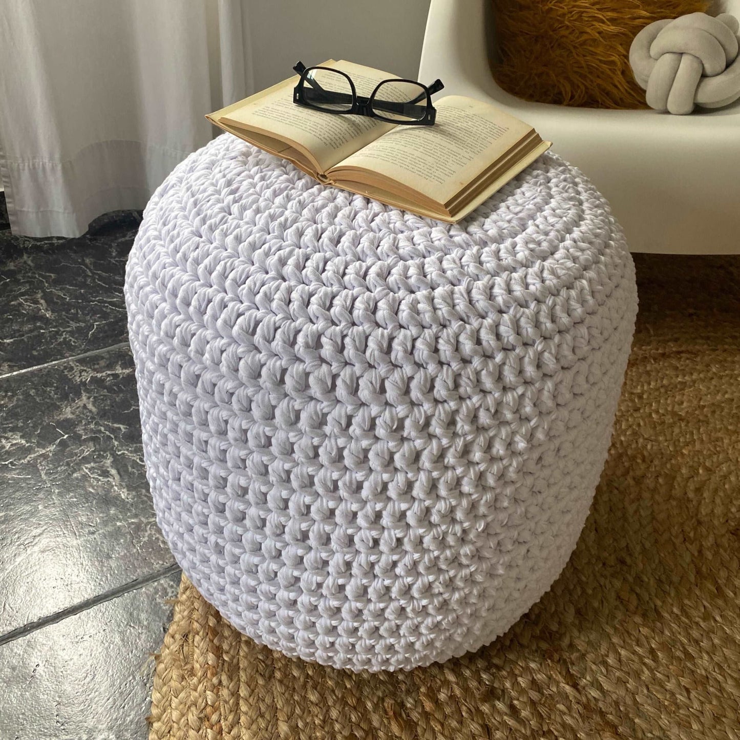 Crochet Pouf Ottoman - Pearl White