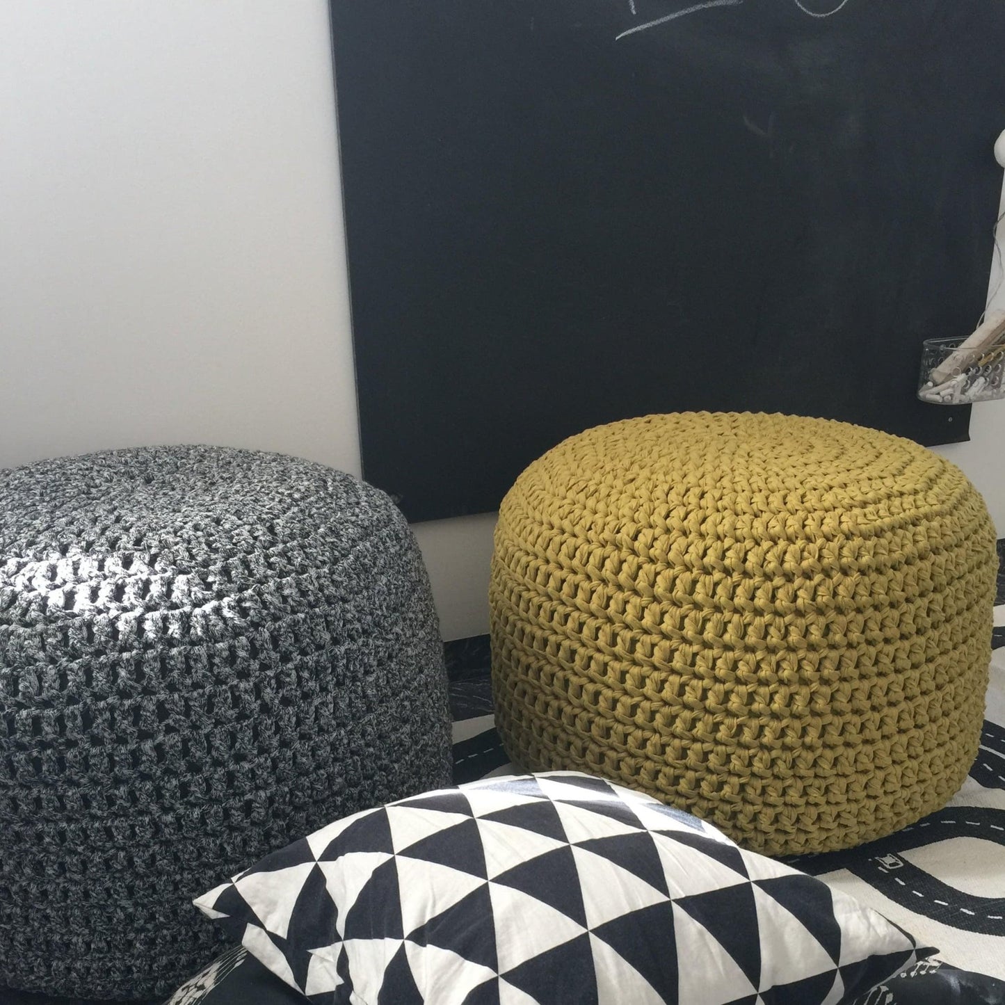 Crochet Pouf Ottoman - Pearl White