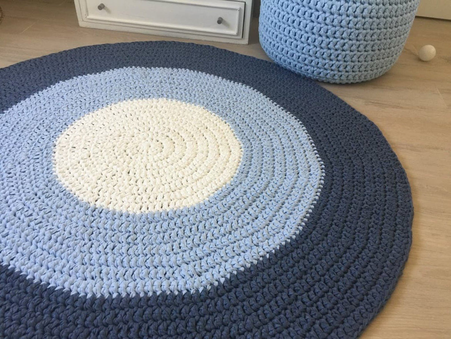 Round Crochet Rug | Blue Striped Playmat