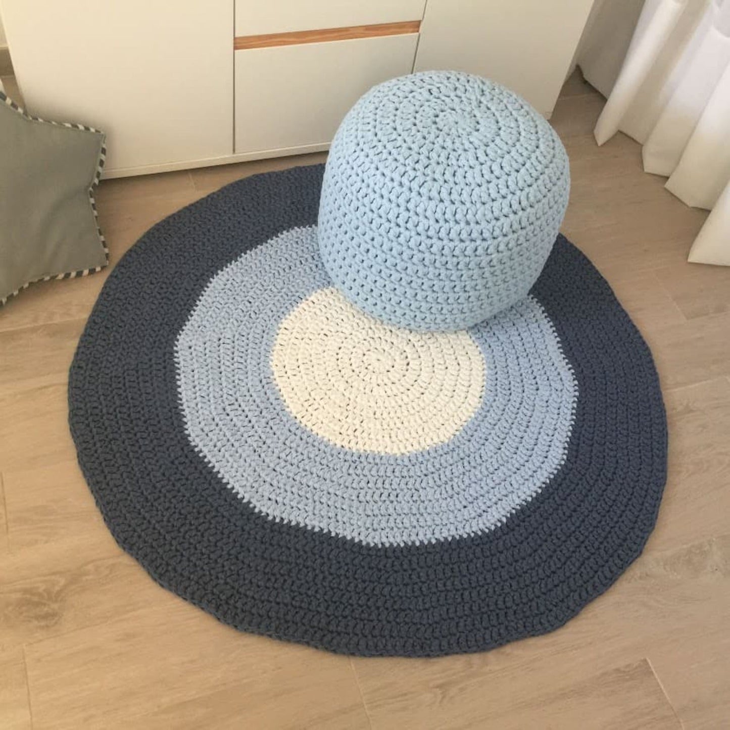 Round Crochet Rug | Blue Striped Playmat