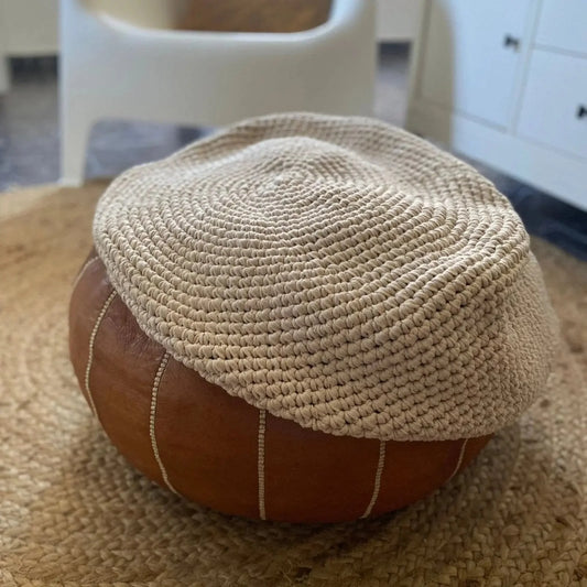 Round Ottoman Slipcovers, Neutral Beige Crochet Cover