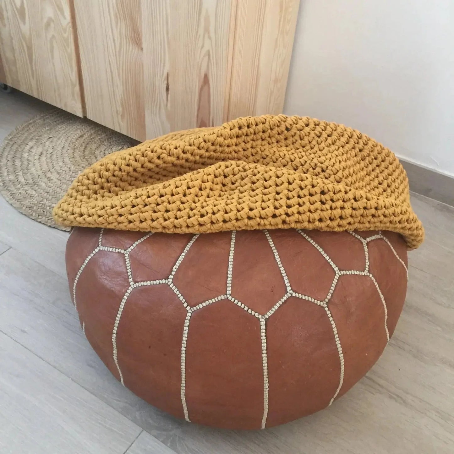 Round Ottoman Slipcovers, Neutral Beige Crochet Cover