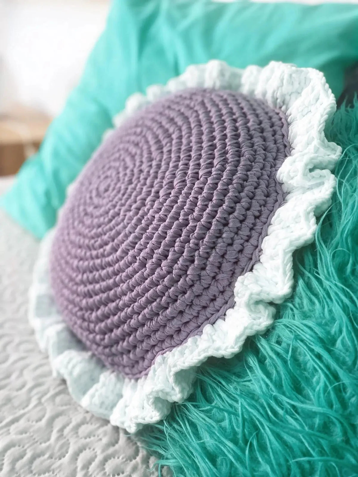 Round Ruffled Crochet Pillow - More Colors Available