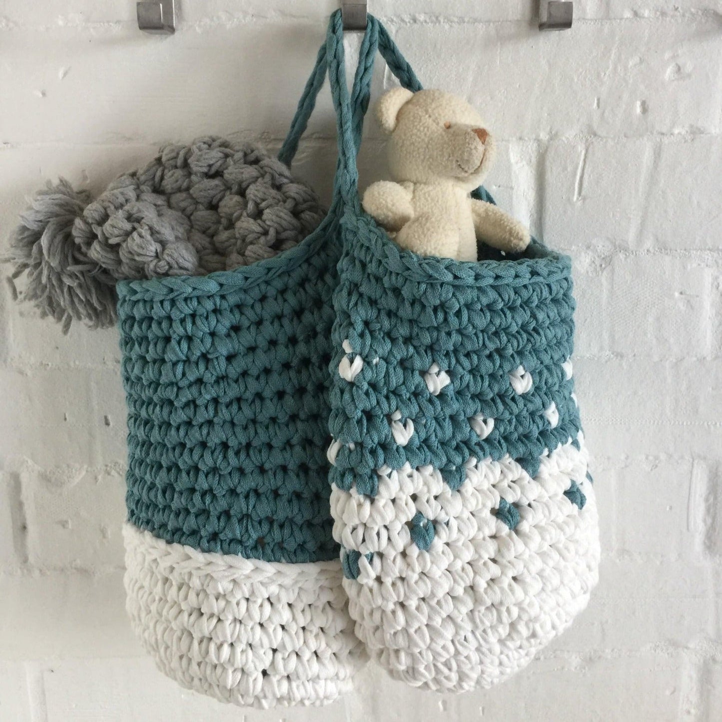Teal Wall Hanging Basket Set, Knitted Storage Bags