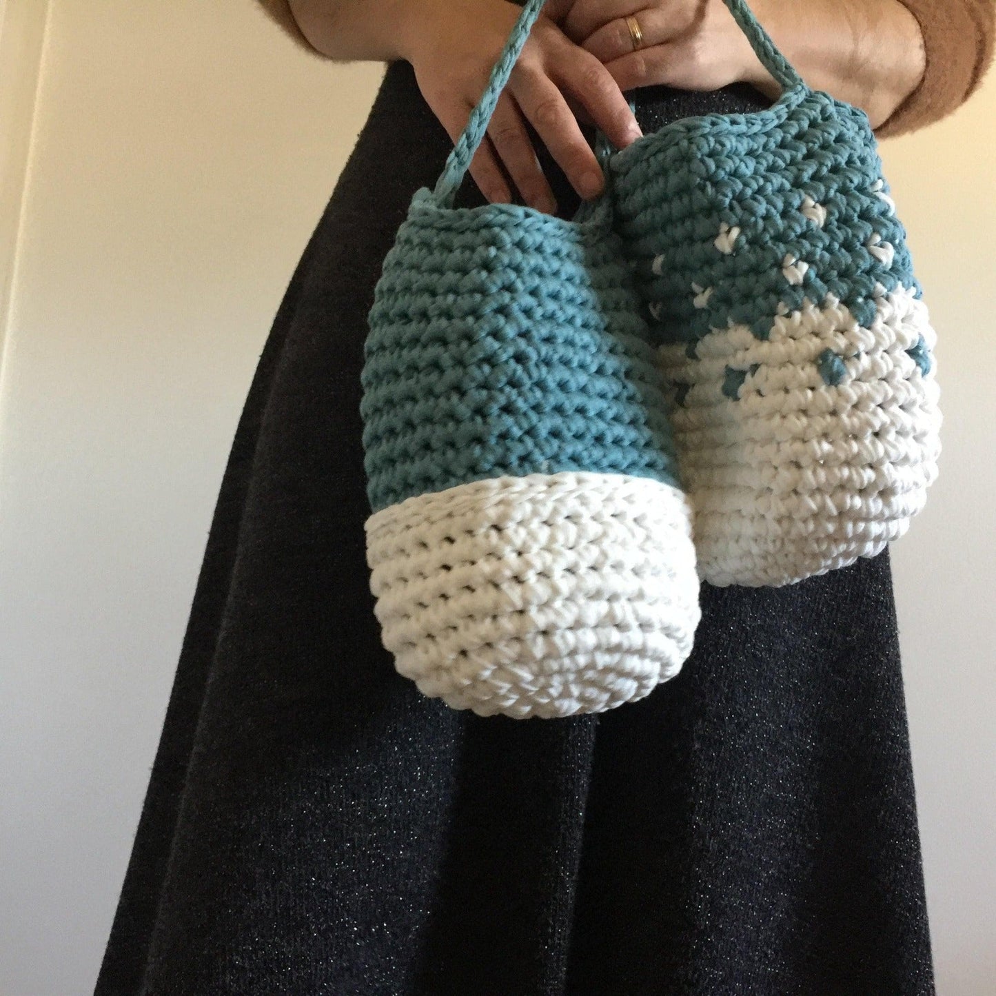 Teal Wall Hanging Basket Set, Knitted Storage Bags