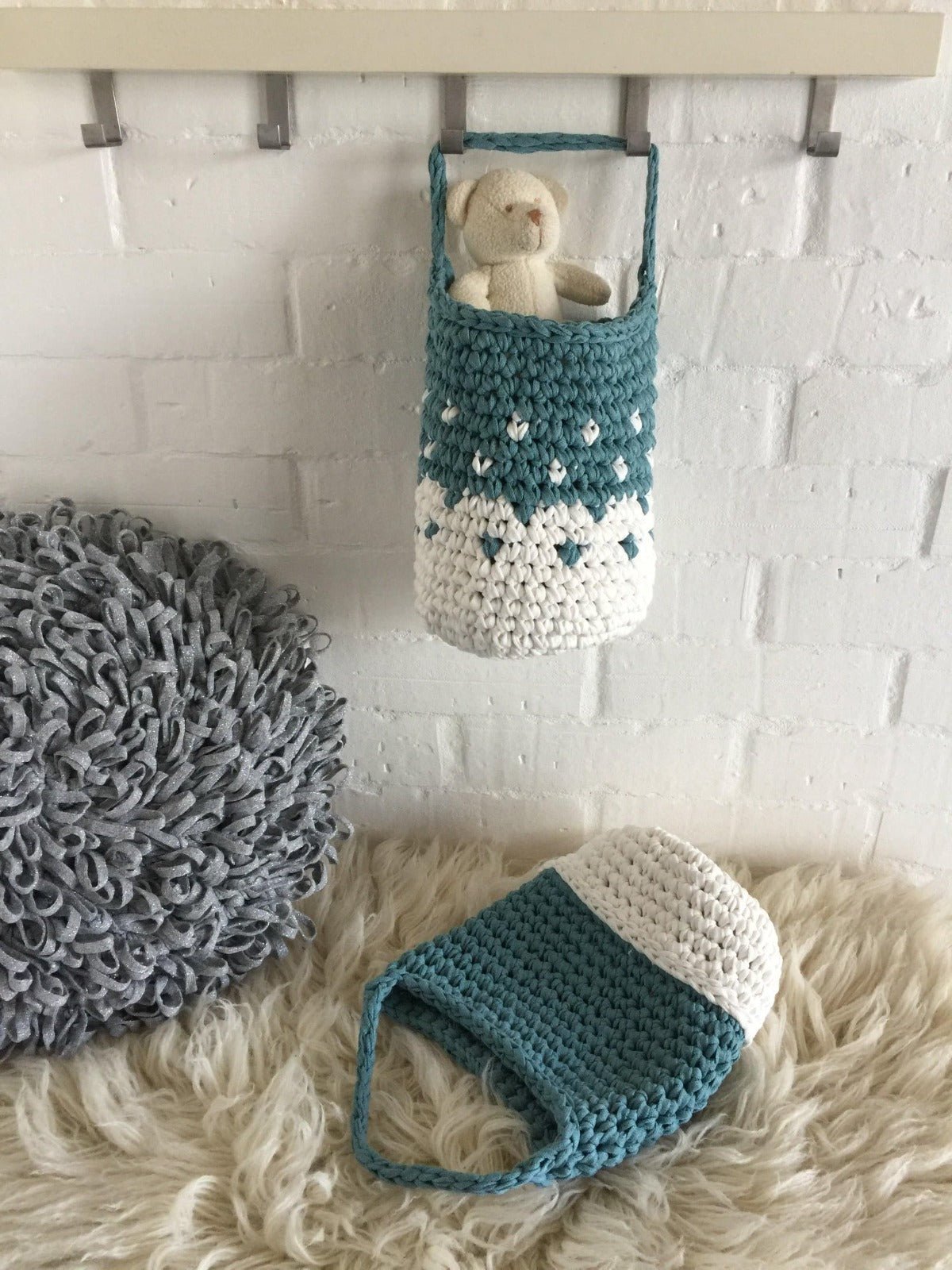 Teal Wall Hanging Basket Set, Knitted Storage Bags