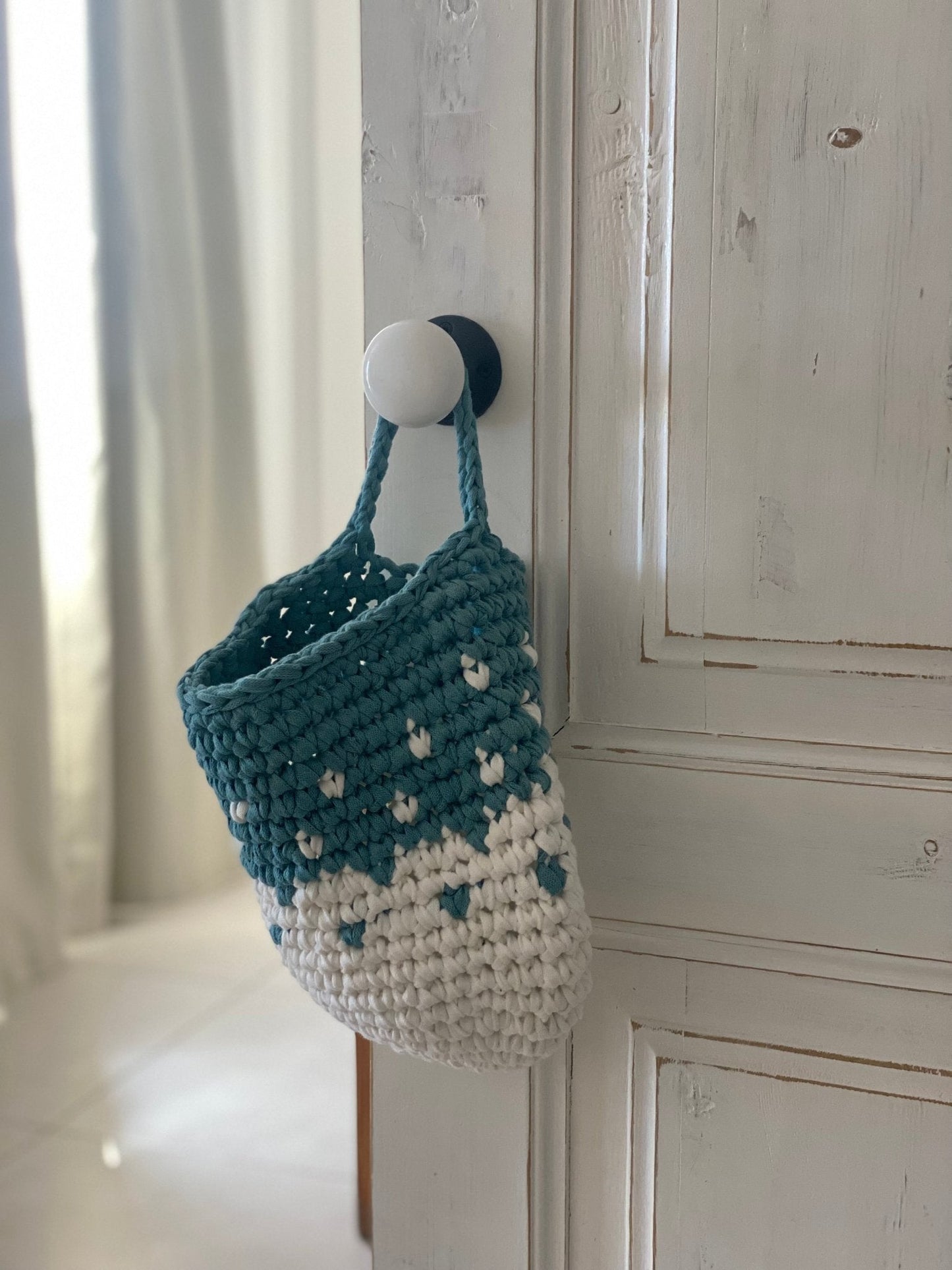 Teal Wall Hanging Basket Set, Knitted Storage Bags