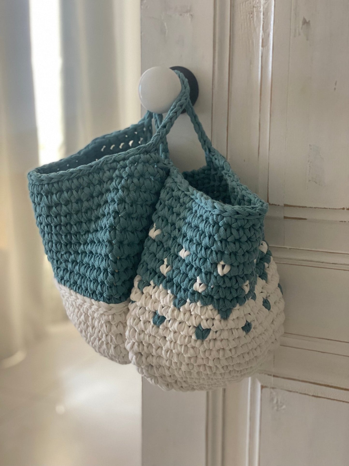 Teal Wall Hanging Basket Set, Knitted Storage Bags
