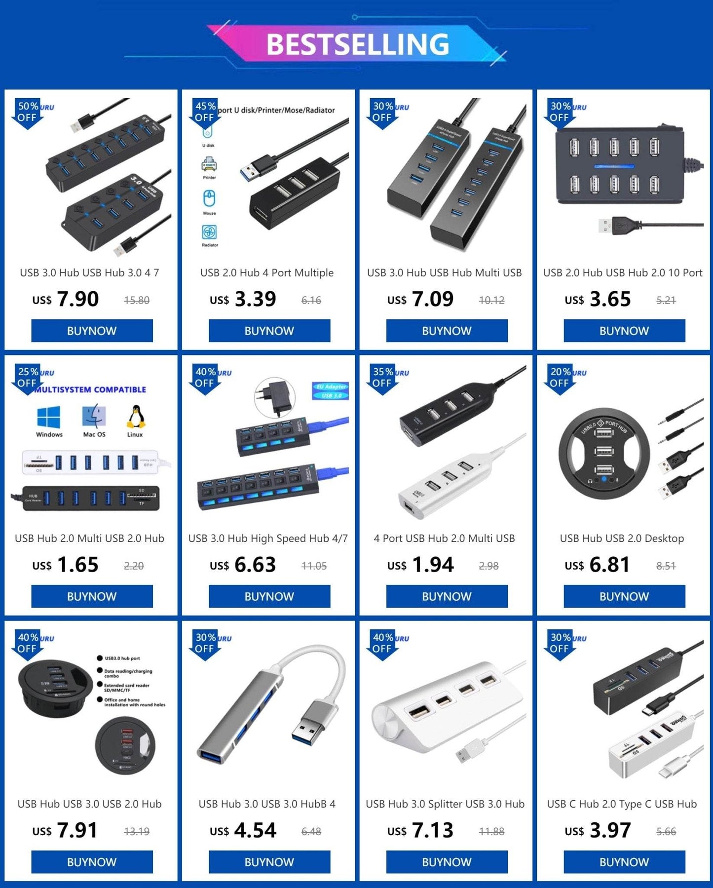 USB 3.0 Hub - 4/7 Port Multi USB Splitter