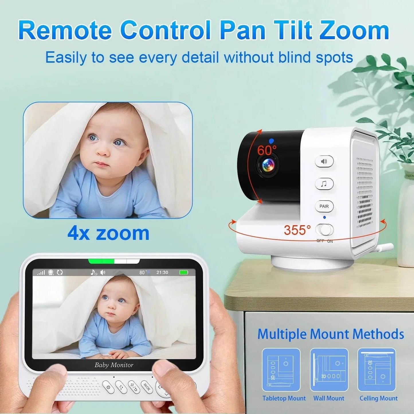 7" Video Baby Monitor with Pan-Tilt-Zoom & Night Vision
