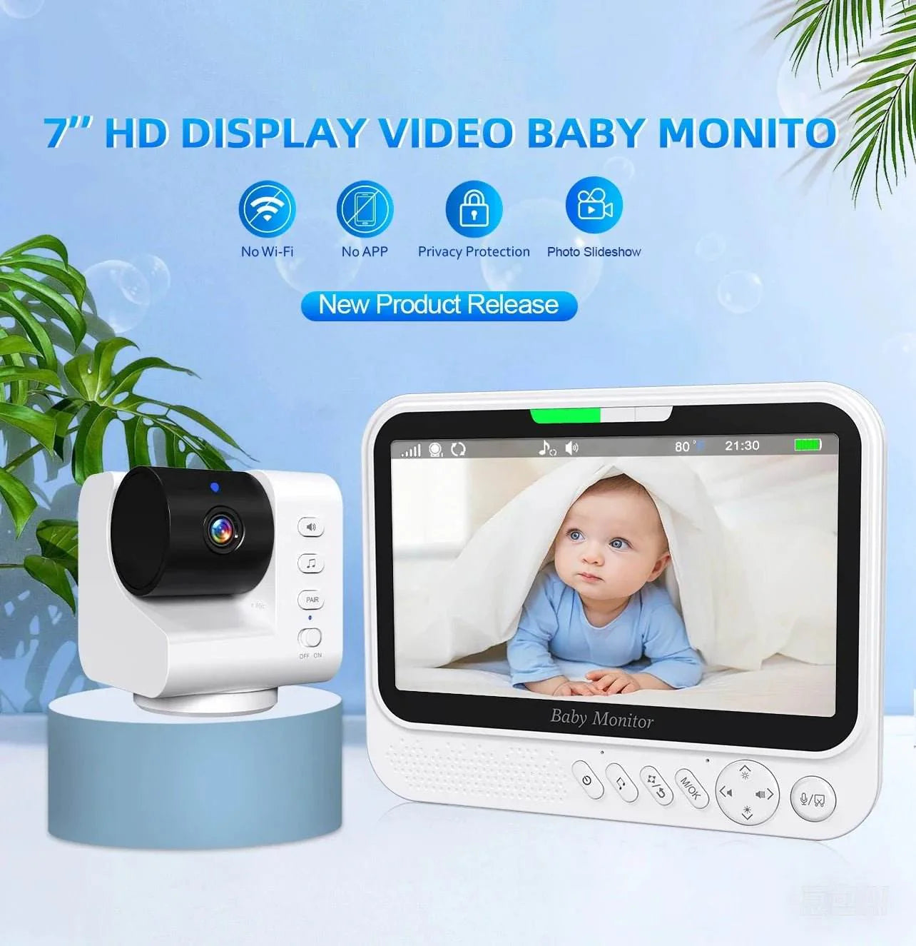 7" Video Baby Monitor with Pan-Tilt-Zoom & Night Vision