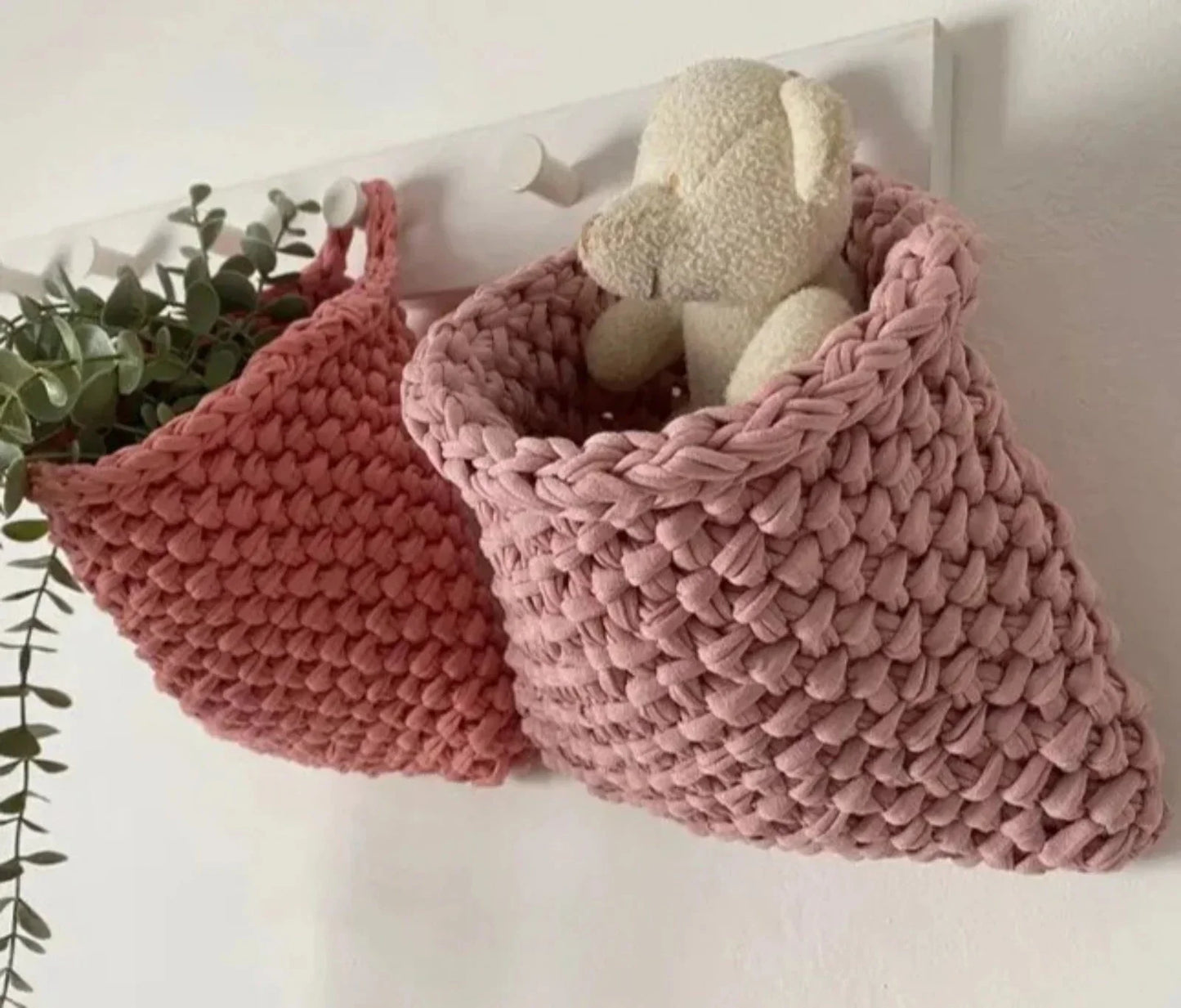 Wall Hanging Baskets | Pastel Peach Knitted Pocket